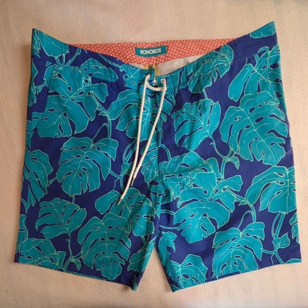 Bonobos Swim Trunks‎ Men's 40 Tropical Floral Blue Monstera 9" Inseam